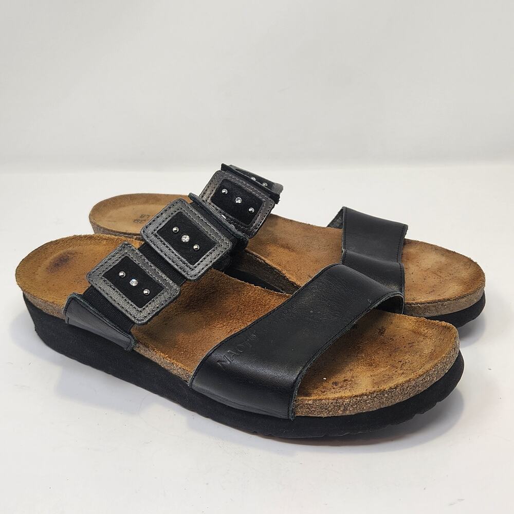 Naot Ashley Black Leather Slip On Sandal Double Strap Women Size 39 US 8 Comfort